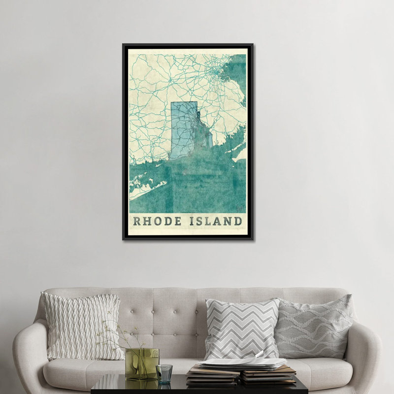«Rhode Island Map», impression sur toile, H 26 po x l 18 po x P 1,5 po, Toile avec cadre noir, Pas de tapis