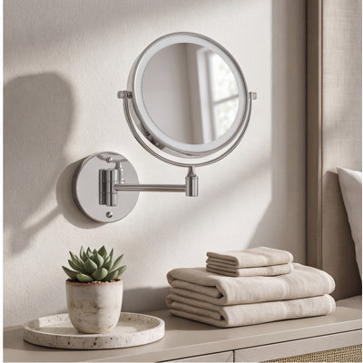Rechargeable Wall Mounted Makeup Mirror, 8-Inch Double-Sided 1X/10X Magnification with LED Lights, 360° Swivel, Extendable Arm, Chrome