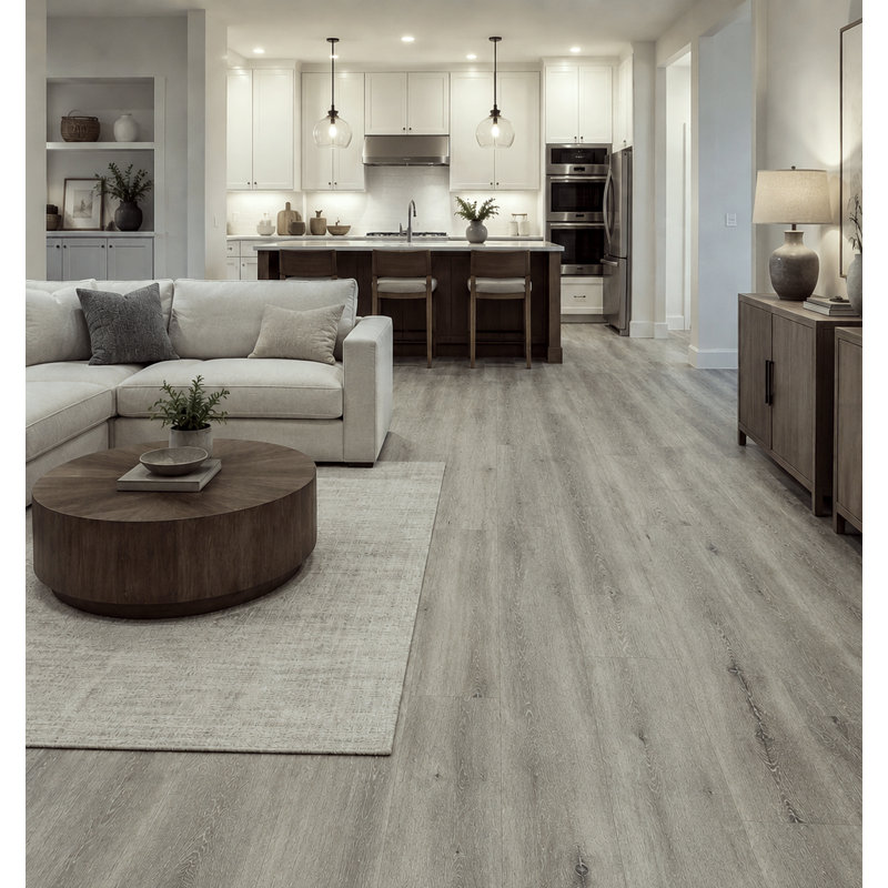 Plancher en vinyle de luxe Spc, 7,2 po X 48 po, 5,3 mm d'épaisseur avec coussin en Ixpe attaché de 1 mm, couche d'usure de 20 mil, verrou à clic Uniclic, aspect bois embossé, micro-biseau