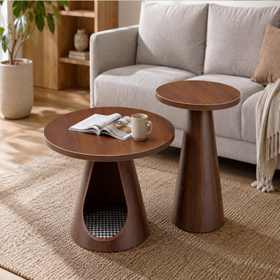 Nesting Coffee Table Set Of 2, Round Side Tables With Integrated Cat Cave Bed, Modern End Table With Melamine Wood Grain Top  Carbon Steel Base For L