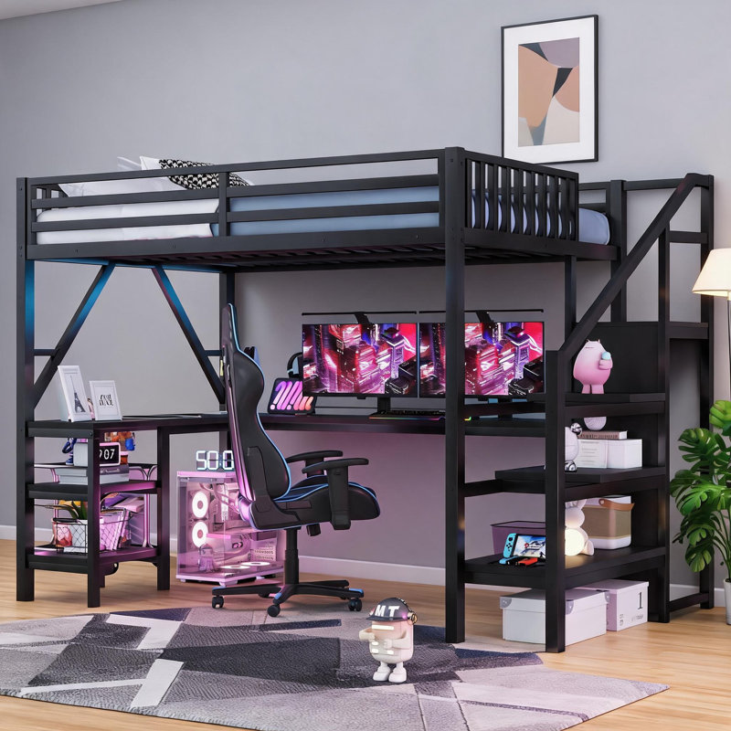 Lit mezzanine double tout-en-un pleine grandeur, fabrication en métal avec rangement, noir élégant avec bureau intégré et garde-robe