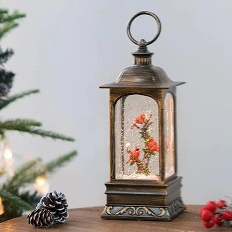 9'' Musical Snow Globe Lantern Lighted Red Bird Scene Water Lantern In Swirling Glitter, Christmas Home Decoration Xmas Gift, Battery Operated Or Usb Powered