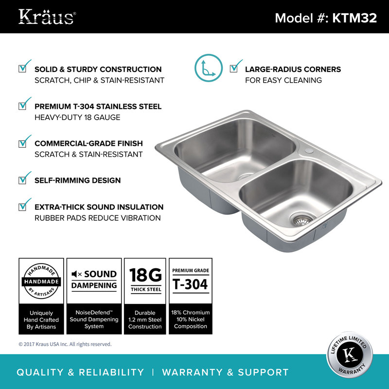 Évier de cuisine à double cuve en acier inoxydable de calibre 18 avec isolation sonore NoiseDefend ™ KRAUS