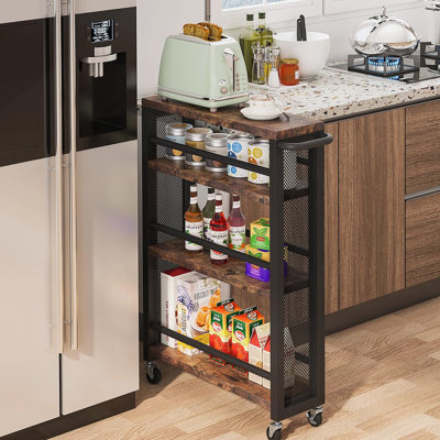 Chariot utilitaire à roulettes 20 po à 4 niveaux avec roulettes, chariot de rangement étroit pour la cuisine pour petits espaces, étagère à épices en bois et en métal, étagère mobile pour garde-manger, salle de bain - brun et noir