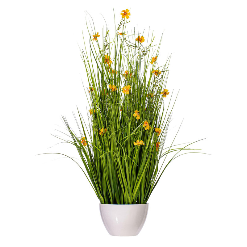 Artificial Potted Yellow Cosmos and Green Grass., 42" H x 19" W x 19" D