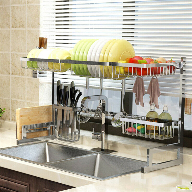 Égouttoir à vaisselle en acier inoxydable à 2 niveaux, Argent, H 20,4 po x l 33,46 po x P 12,5 po