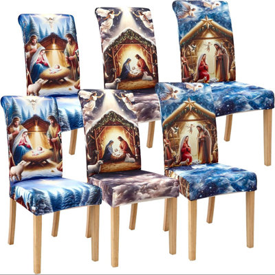 6 pièces Housses de chaise de Noël Housses de siège de la crèche de Jésus Housses de dossier de chaise de salle à manger Housses de protection de chaise extensible pour fête de Noël Banquet de salle à manger Décorations pour la maison