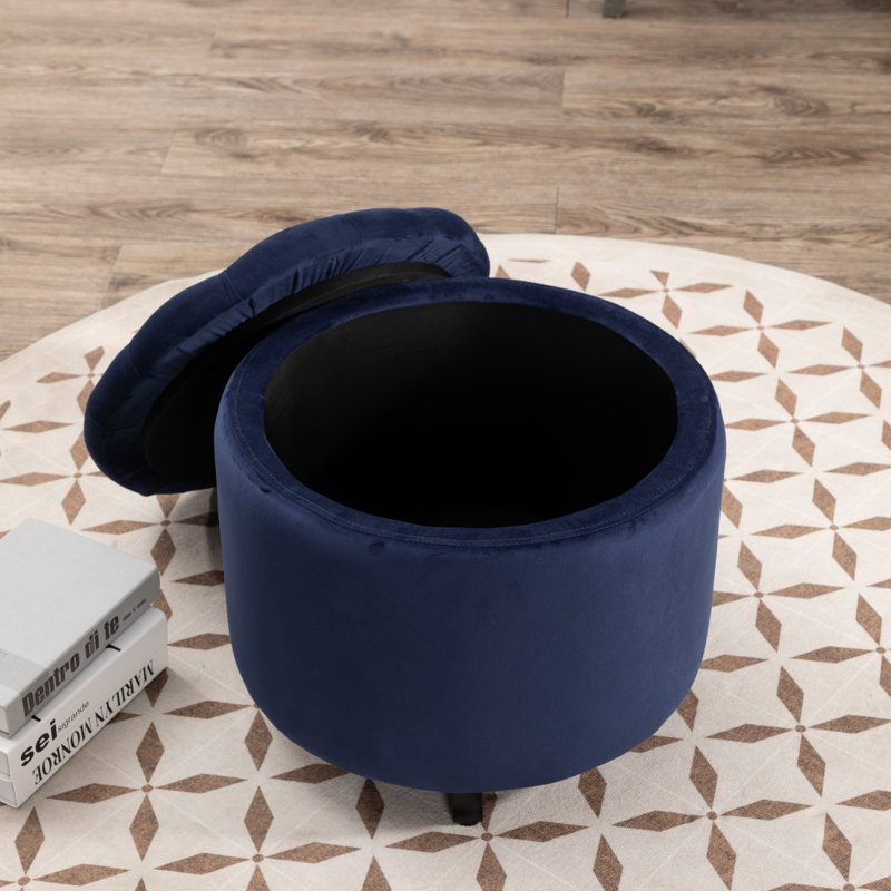 Repose-pieds rond avec rangement en velours Briana, Velours bleu performance