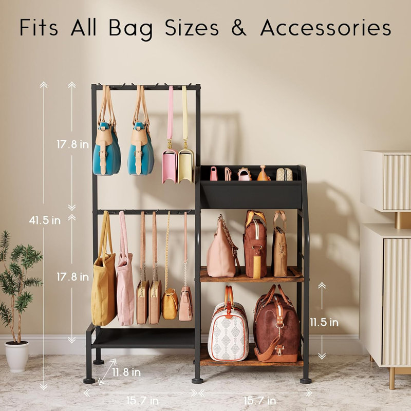 3-Tier Storage Stand & 12 Fixed Hooks, Visible Backpack Storage, Space-Saving Bag Organizer Rack For Home, Closet