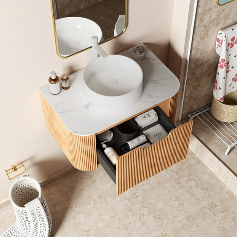 Meuble-lavabo flottant avec lavabo vasque et tiroir de rangement 30 po | Armoire murale à bord courbé | Contreplaqué imperméable et lavabo en céramique | Pré-assemblé