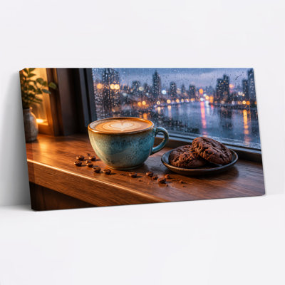 Latte Art Coffee Mug and Cookies on Rainy City Windowsill Canvas Wall Art