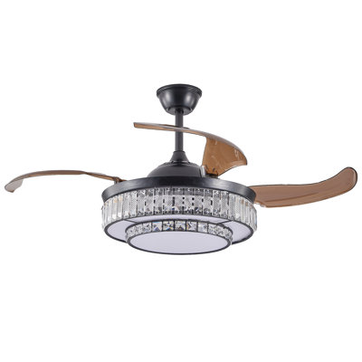 Ventilateur de plafond rétractable contemporain à DEL en cristal avec lumière et télécommande, moteur CC réversible silencieux à 6 vitesses, ventilateurs de plafond modernes à 4 pales pour la cuisine, la salle à manger, la salle à manger, le patio