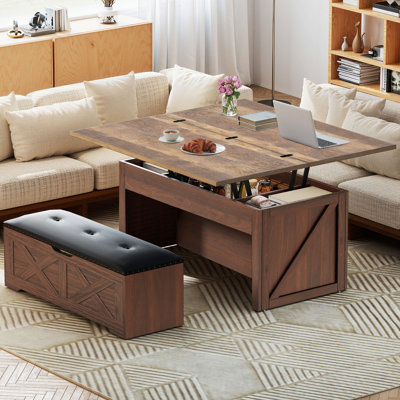Lift-Top Coffee Table With Storage , Extendable Center Table Set With Ottoman Bench