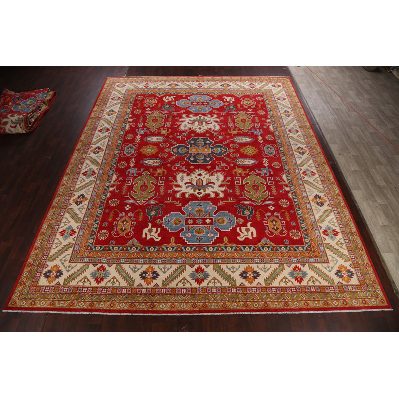 Tapis unique en laine noué à la main 13 pi 2 po x 15 pi 11 po nouvel âge en rouge / beige / vert