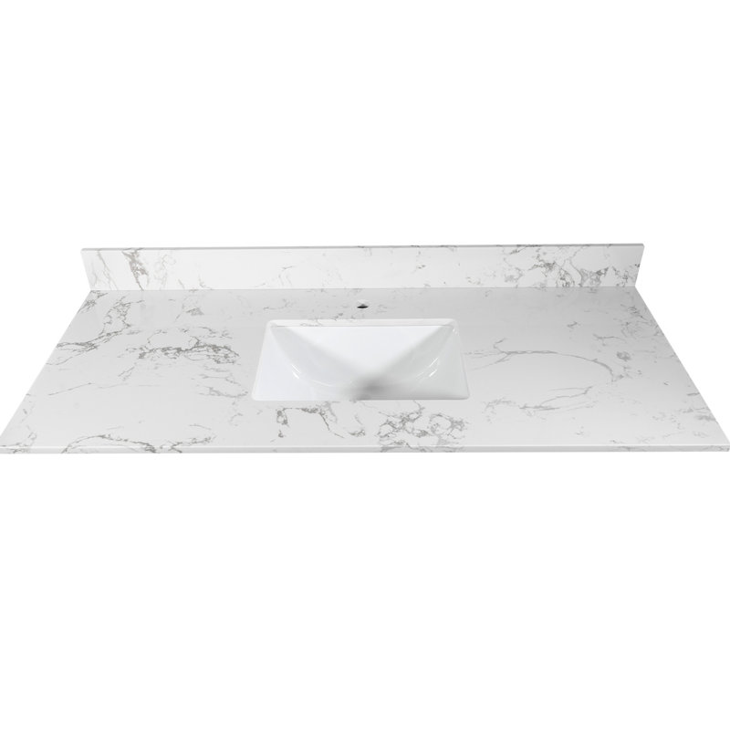 Dessus de meuble-lavabo en pierre de salle de bain 43 x 22 po - Conçu avec une structure en marbre blanc, lavabo rectangulaire encastré en céramique et robinet à dosseret