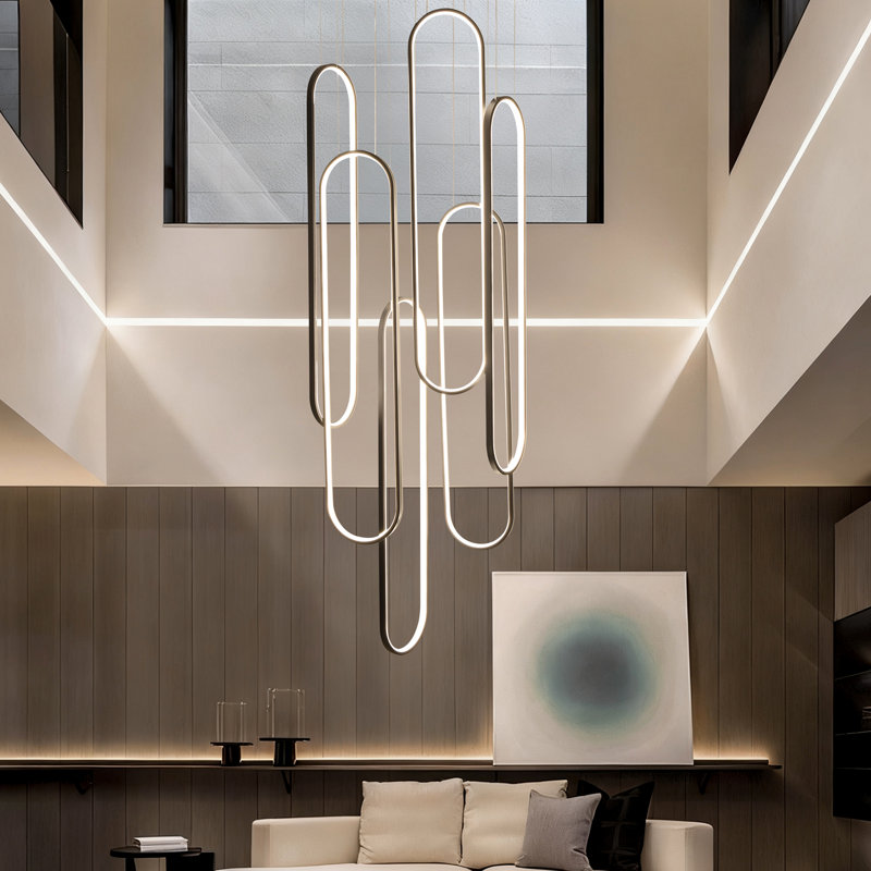 Lustre à plafond haut et long pour escalier, lustres à DEL modernes pour vestibule encastré à intensité variable, Matte Black