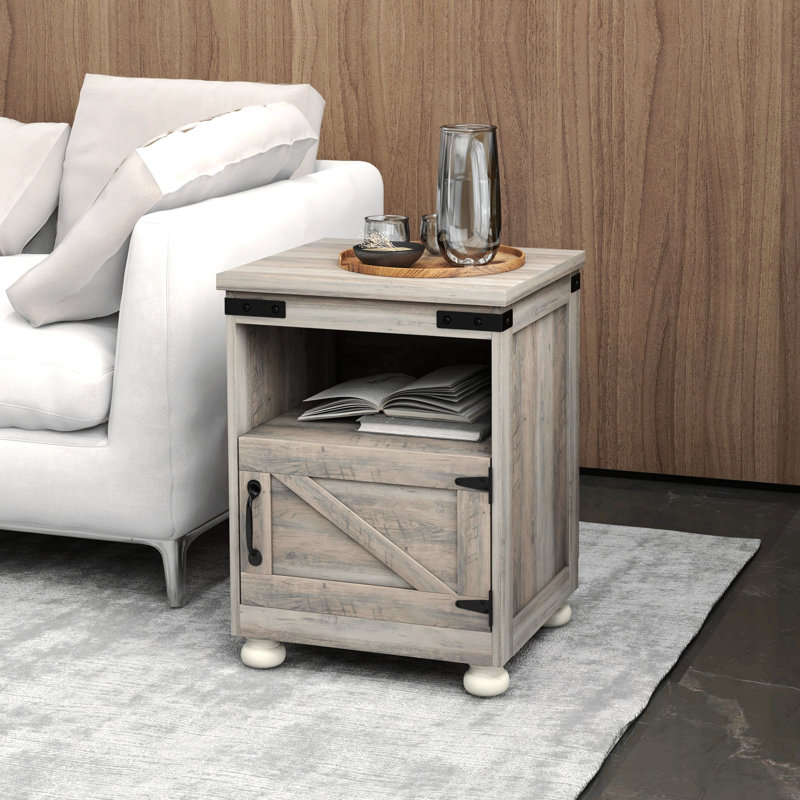HOMCOM Small Side Table With Storage, Farmhouse End Table With Open Shelf And Cupboard, Modern Sofa Table With Wood Legs For Living Room, Gray