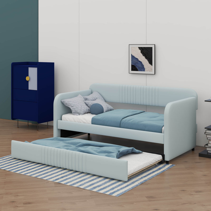 Twin Size Daybed Sofa With Integrated Trundle And Wooden Slats, Light Blue