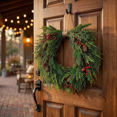 Couronne de Noël artificielle de 20 pouces, couronne de verdure mélangée en PE avec baies rouges et pommes de pin, couronne de porte d'entrée d'hiver pour décoration murale maison de vacances