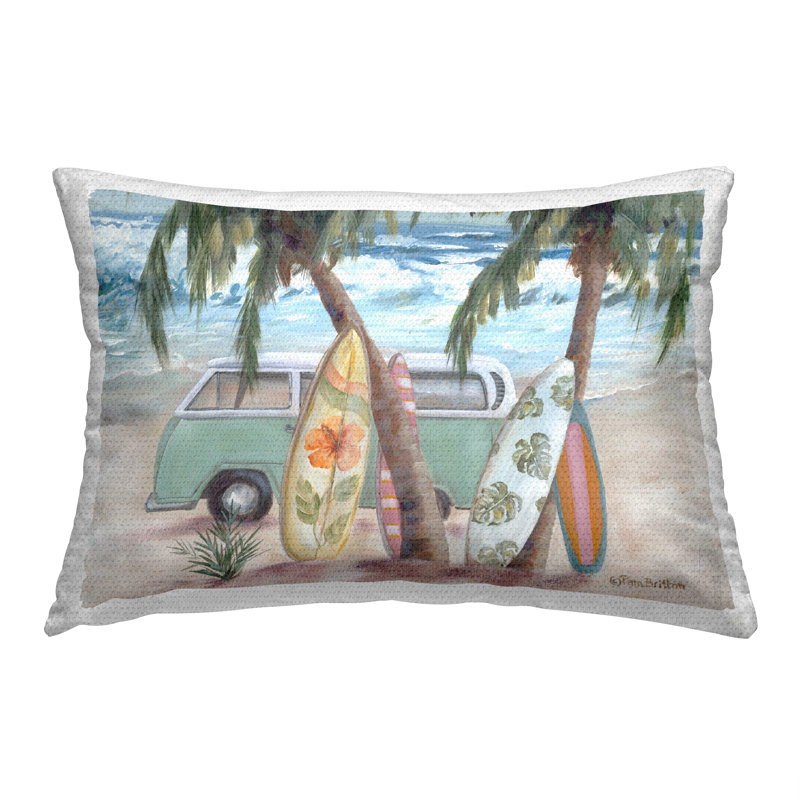 Coussin d'extérieur imprimé planches de surf dans une scène tropicale par Pam Britton