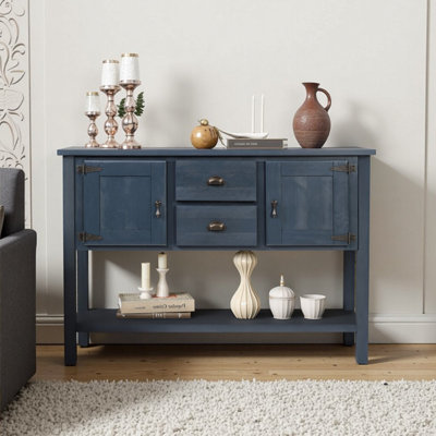 48" Navy Blue Retro Solid Pine Wood Sideboard Console Table with 2 Drawers, Cabinets & Shelf - Storage Buffet for Dining Room, Living Room, Kitchen