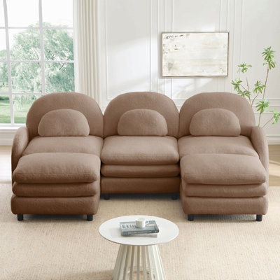 Teddy Fabric Cloud-Like 3-Seat Sofa,Curved Backrest And Armrest With Curved Lumbar Pillows, Sectional 3 Seater Modular Couch With 2 Movable Ottomans And Supportive Double-Layer Cushion
