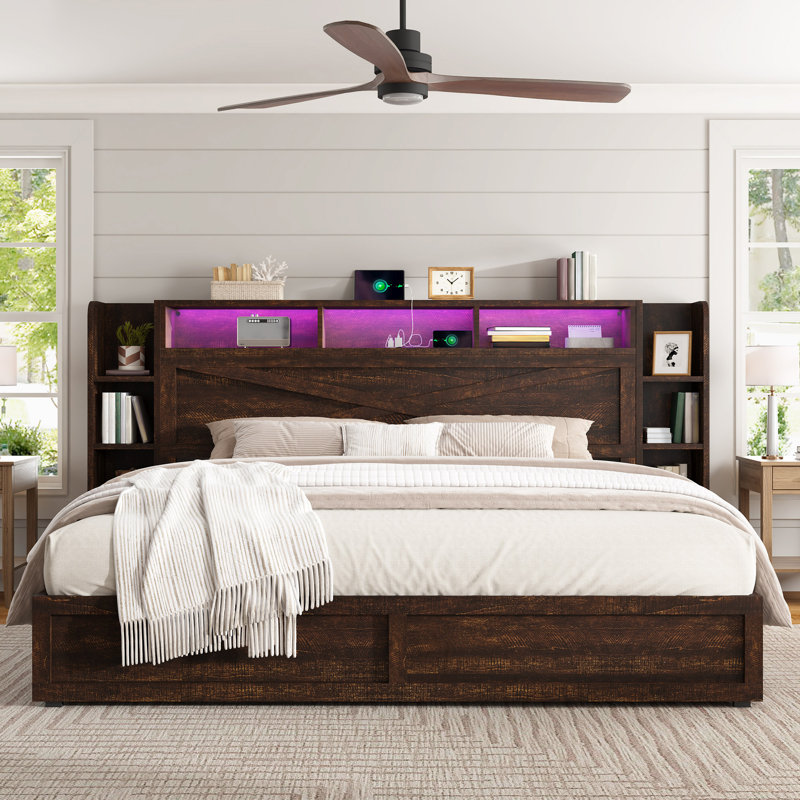 Shila Farmhouse Storage Bed with Bookcase Headboard, Brown, Queen