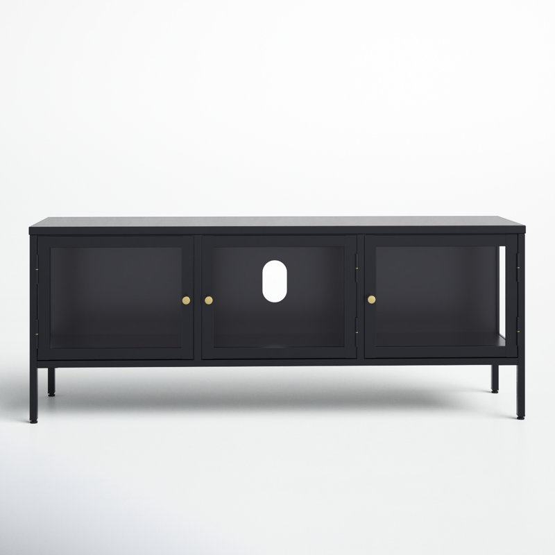 Black Metal and Glass 3-Cabinet TV Stand with Brass Knobs