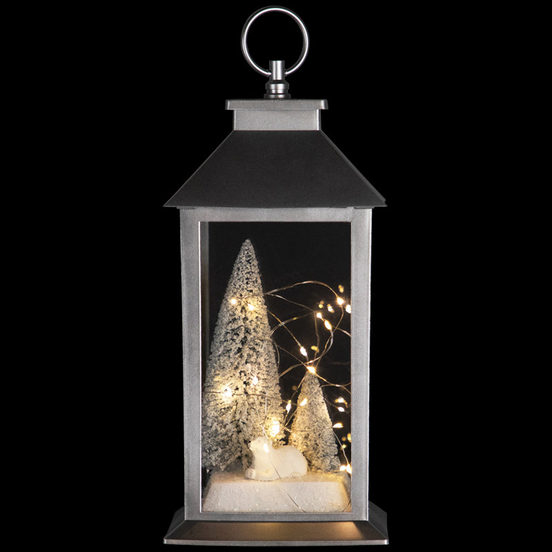 Lanterne de Noël à DEL avec ours polaire et arbres floqués - 11 po