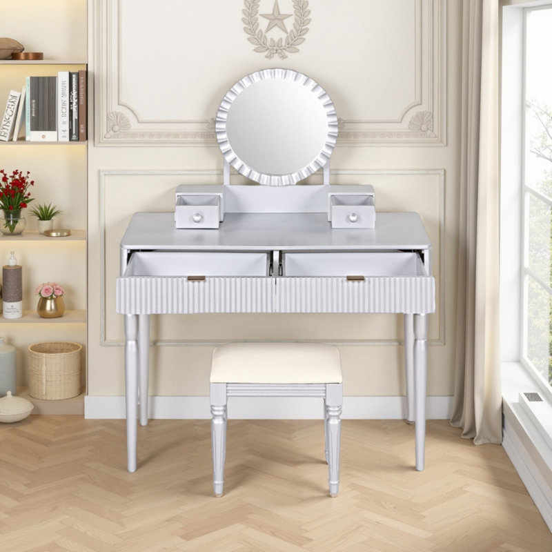Ensemble coiffeuse de luxe avec miroir réglable en hauteur, Argent