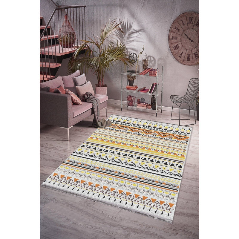 Ethnic Pattern Yellow Machine Washable Rug, Rectangle 3'11" x 5'11" Rug Pad Included