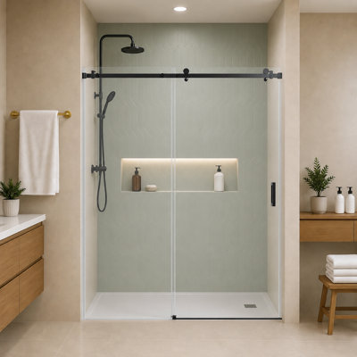 Contemporary Frameless Shower Door, 50-54" W X 76" H Single Sliding Glass Shower Door, Matte Black