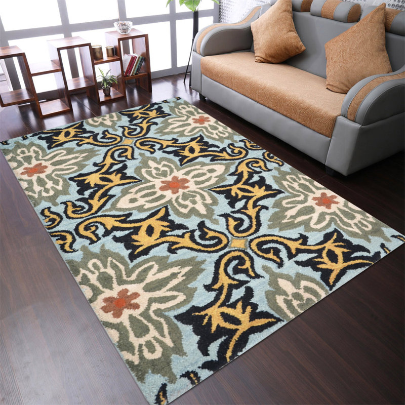 Tapis en laine touffetés à la main Linkwood - 8 pi x 10 pi, rectangulaire, de couleur bleue, de conception florale moderne, de tapis épais antidérapants faits à la main pour le salon, la chambre à coucher