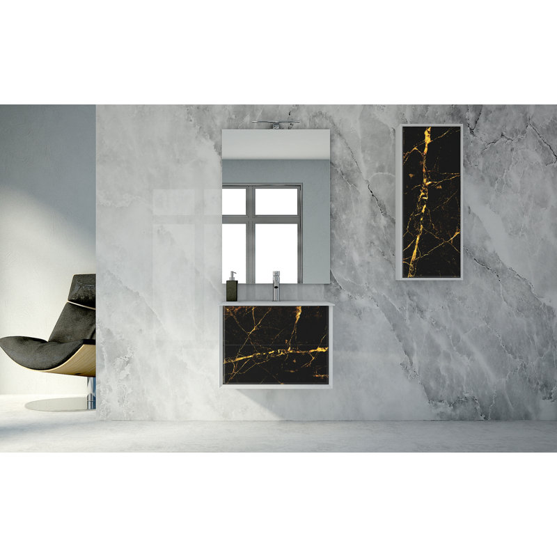 Base de meuble-lavabo double mural 27,6 po Walbrook seulement, Blanc mat / noir / or
