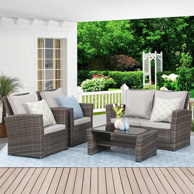 Arora 4-Person Wicker Outdoor Patio Set with Olefin Back&Seat Cushions
