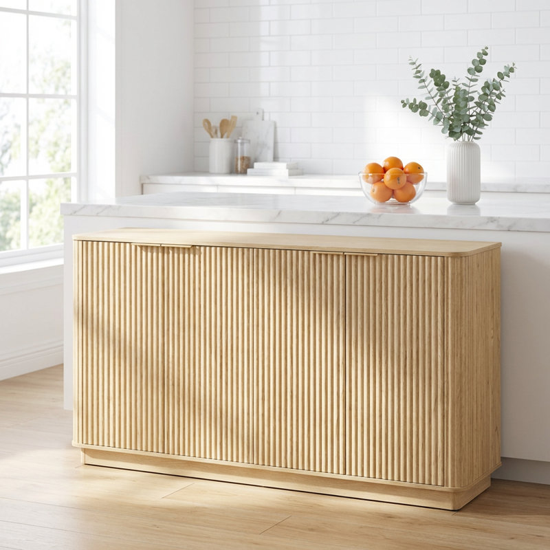 Modern Vertical Stripe Curved Wave Design Buffet Cabinet Sideboard with Storage and Gold Handles for Living Room, Bedroom, Hallway as TV Stand or Console Table