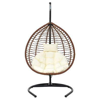 Indoor Outdoor Hanging Hammock Chair with Stand, Foldable Rattan Egg Swing Chair with Iron Frame and Plush Cushion & Removable Headrest,Suitable for Porch Garden,Balcony,Indoor, Brown+Beige