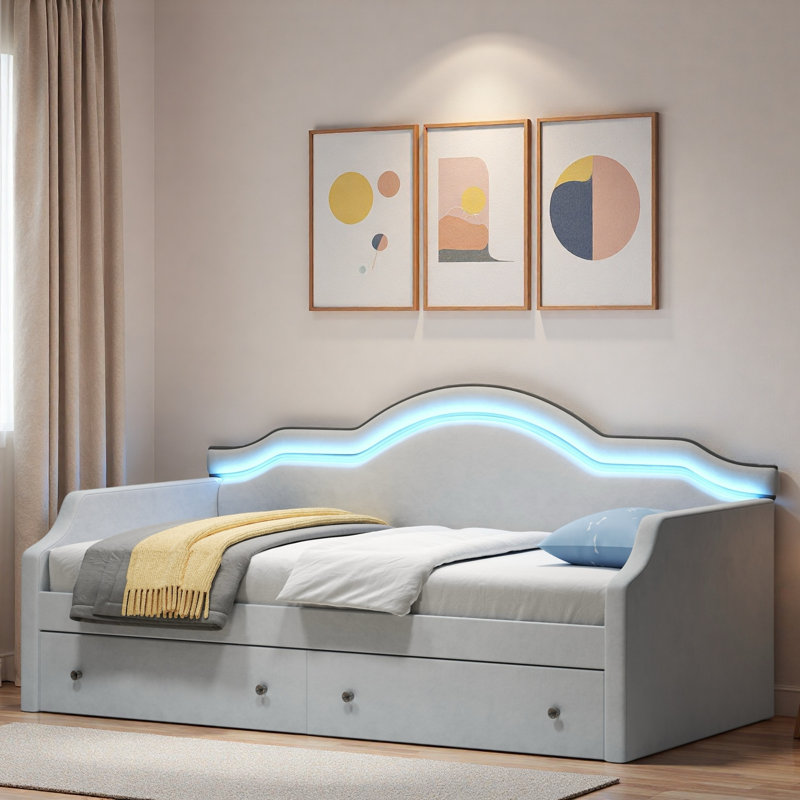 Upholstered Daybed With Led And 2 Drawers, Grey, Twin