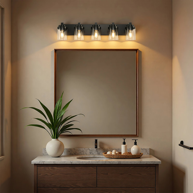 Industrial Vintage Wall Sconce Vanity Light with Clear Glass Shades and Matte Black Backplate for Bathroom Mirror, Hallway, or Living Room (Bulb Not Included)
