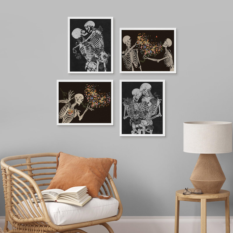 «Skull Lovers Kiss Blossom Heart Flowers», impression sur papier 4 pièces, Blanc, H 16 po x l 12 po