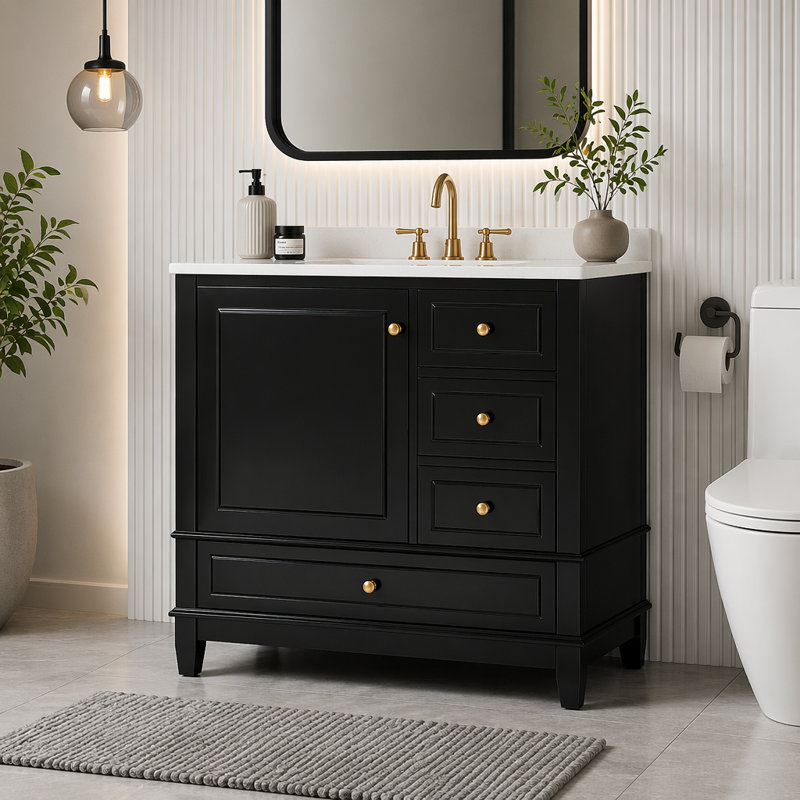 Bathroom Vanity With Sink And Drawers,   Freestanding Vanity Cabinet With Ceramic Top And Storage Shelves, MDF And Solid Wood Base, Modern Sink Cabinet For Small Bathrooms