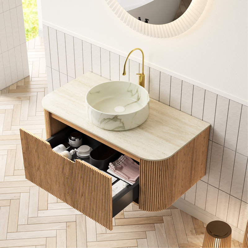 Meuble-lavabo de salle de bain flottant rond de 36 po en céramique, surface en pierre frittée, armoire naturelle et grand rangement avec glissières de tiroir à fermeture en douceur