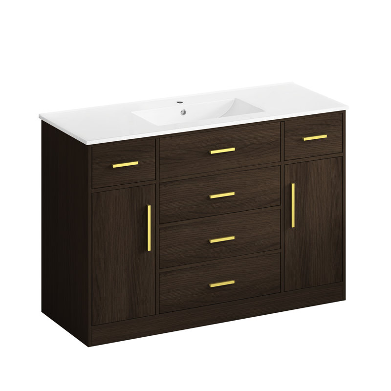 Meuble-lavabo brun foncé de 48 po avec armoire de rangement à 2 portes à fermeture douce et 6 tiroirs, fait pour la durabilité, la fonctionnalité silencieuse, le look élégant, le maquillage et la fabrication