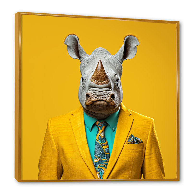 Art mural en forme de rhinocéros, Cadre flottant doré, H 36 po x l 36 po x P 1,5 po