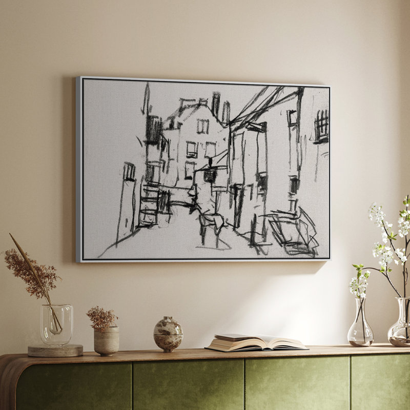 Toile tendue encadrée rétro avec croquis rétro, White Floater Framed Canvas, 25" H x 37" W x 2" D