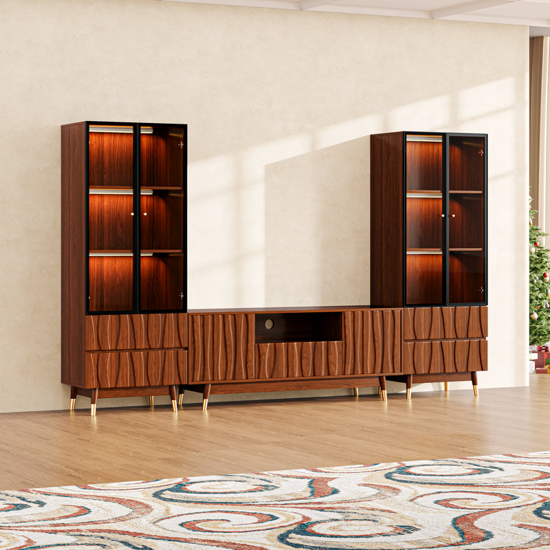 102.3''w Walnut Finish Entertainment Center For Tvs Up To 55", Mid-century Modern Wood Media Console Includes Tv Stand With Storage And Two 3-tier Display Case With 2 Drawers For Living Room And Bedroom, Brown
