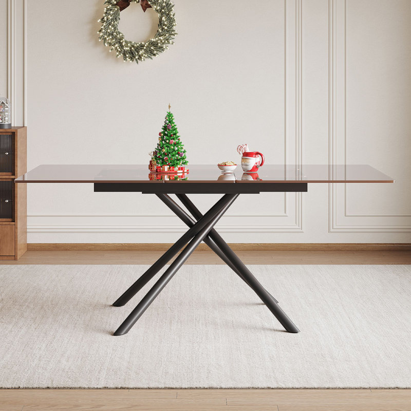 Table de salle à manger extensible Modern Modern avec rallonge rétractable, plateau en verre sablé noir et base en X en acier au carbone, table robuste pour 4 à 6 personnes