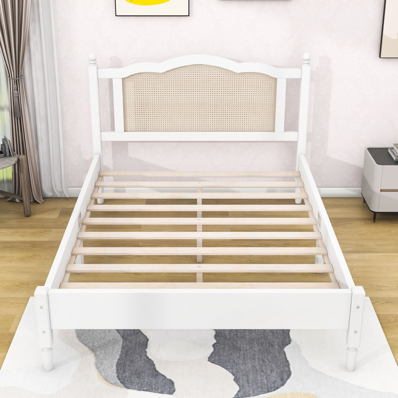Chatmon Wooden Platform Bed with Natural Rattan Headboard and Slats Support, Walnut, Full / Double