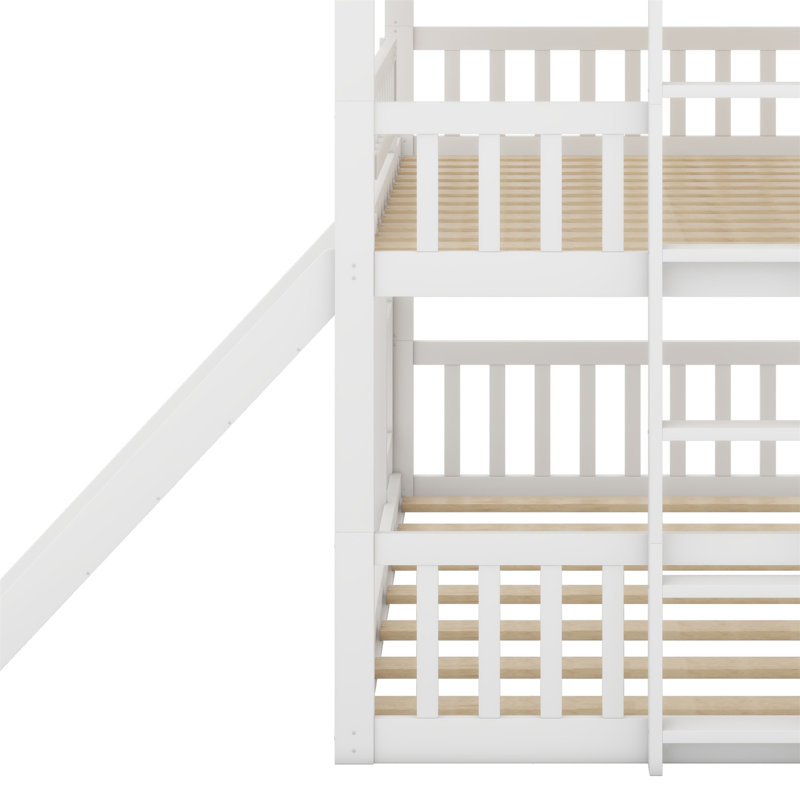 Triple Bed With Built-In Ladder,Slide And Guardrails, White
