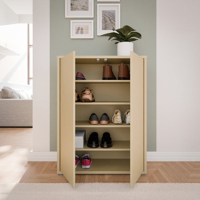 Chadwic Modern minimalistic shoe cabinet with 2 large doors, 4 shelves, engineered wood, butter yellow, 74.5 cm W x 99.1 cm H x 34.9 cm D